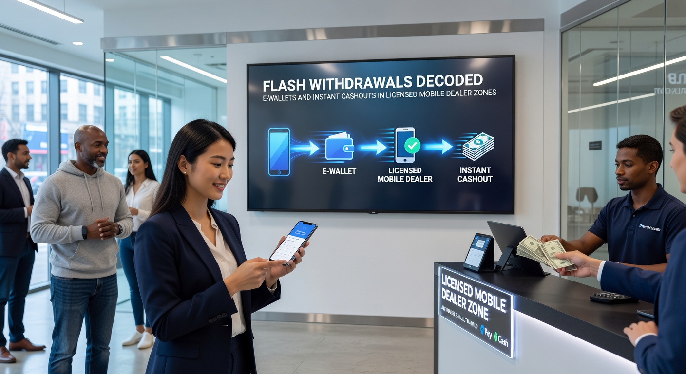 Detaillierte Darstellung eines Instant-Cashout-Prozesses in einer lizenzierten Mobile-Dealer-App, mit E-Wallet-Optionen und Timer-Icons für Sekunden-Transaktionen