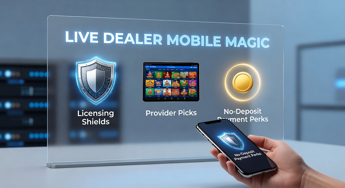 Smartphone mit Live-Dealer-Spiel auf hellem Bildschirm, umgeben von glänzenden Lizenz-Symbolen und Provider-Logos