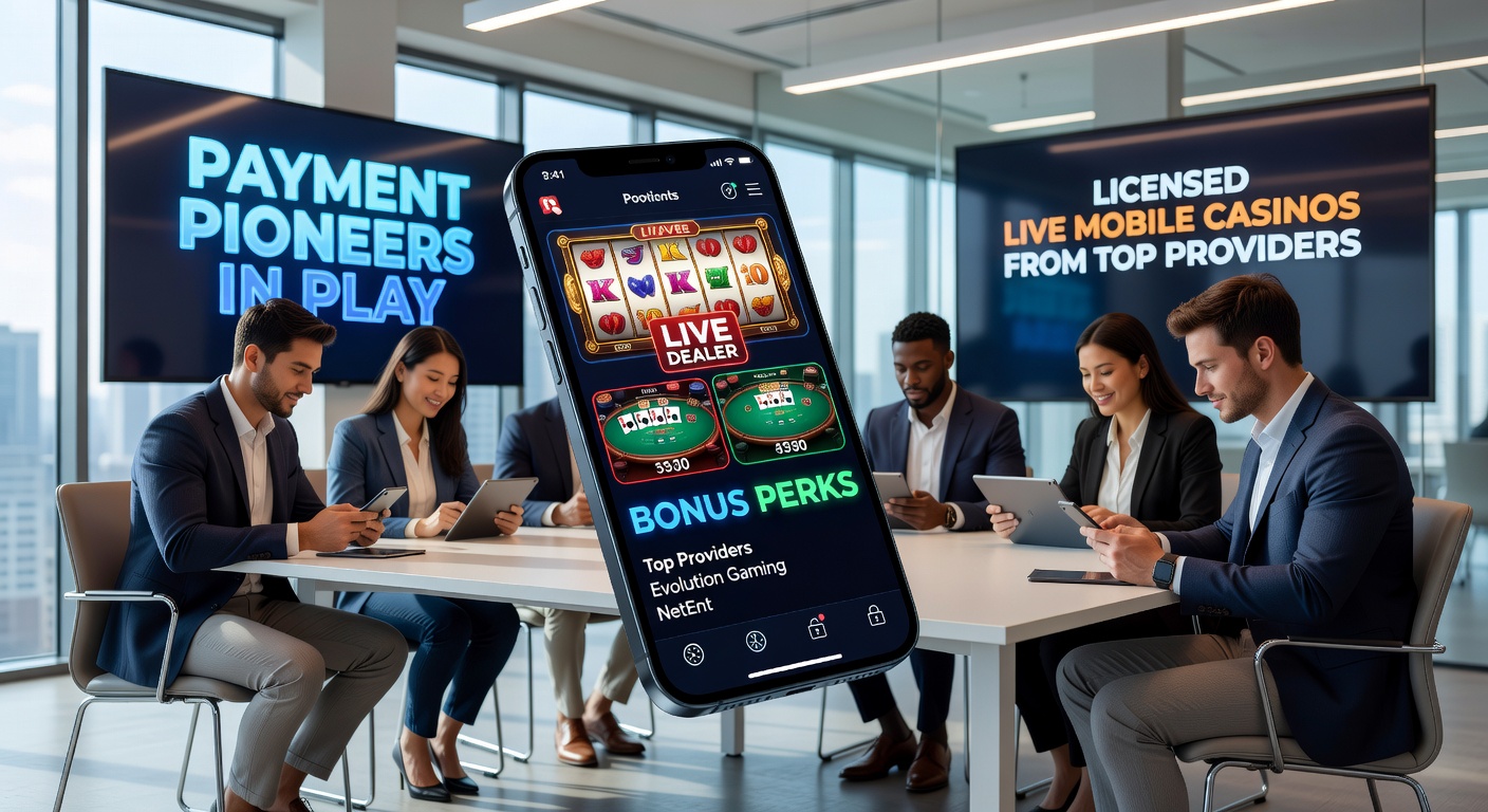 Grafik mit Kryptowährungs-Icons, mobilen Wallets und Live-Dealer-Tischen, die die Integration von Zahlungspionieren in Casinos illustrieren