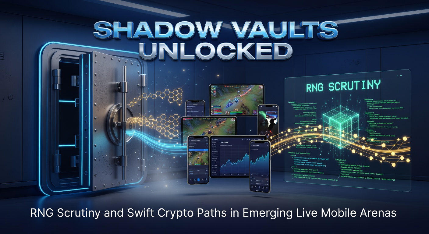 Dunkle, verschlüsselte Vaults mit leuchtenden Crypto-Symbolen und RNG-Überwachungsbildschirmen in einer mobilen Live-Casino-Umgebung