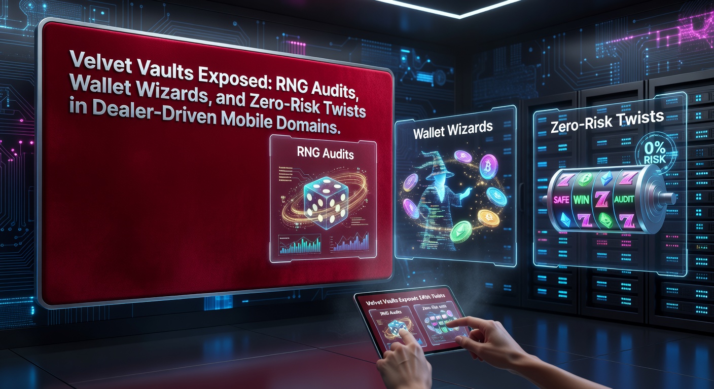 Grafik zeigt sichere Velvet Vaults mit RNG-Symbolen und mobilen Dealer-Interfaces, die Fairness und Innovation betonen